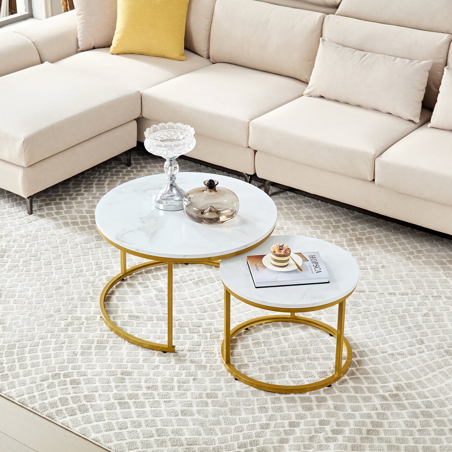 Salontafel Goud met Wit Marmerlook tafelblad - Ø70 & Ø50