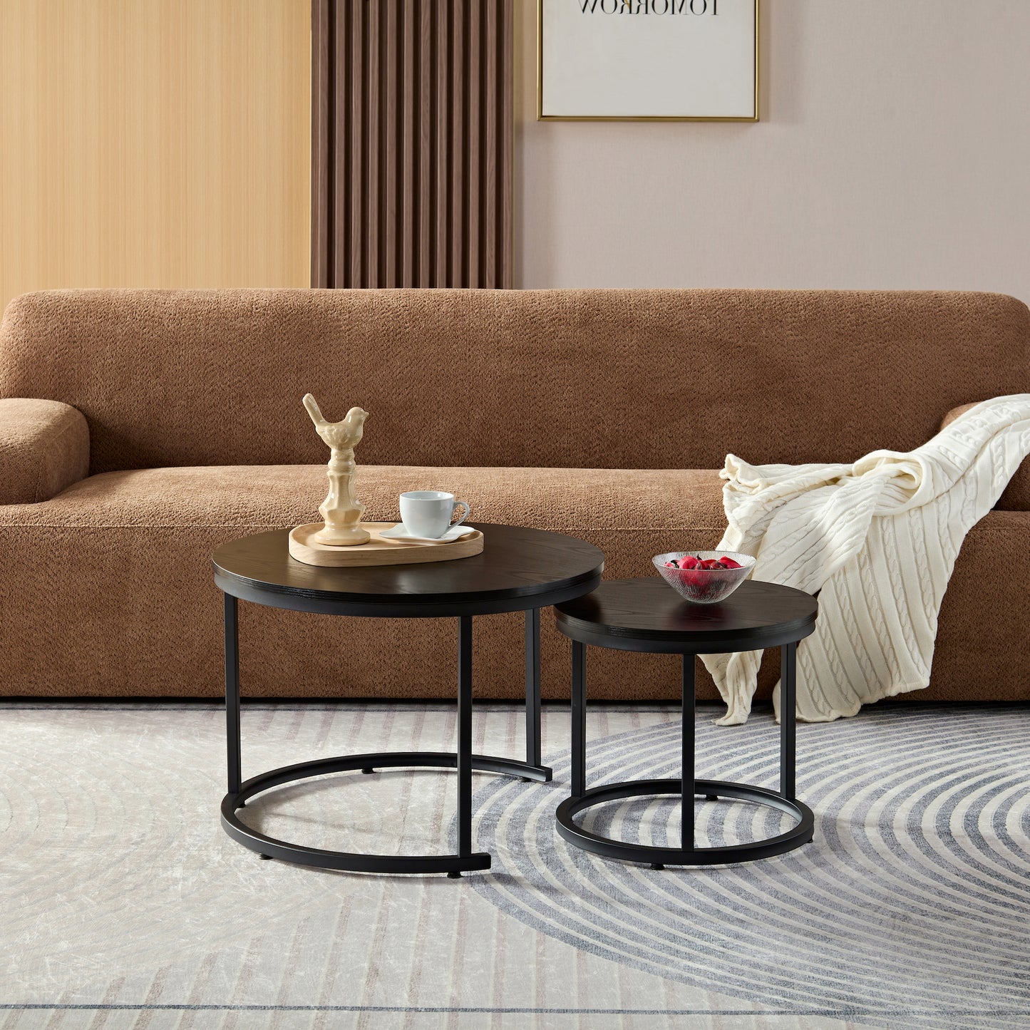 Salontafels met Zwart Hout Print - Ø60 & Ø40cm
