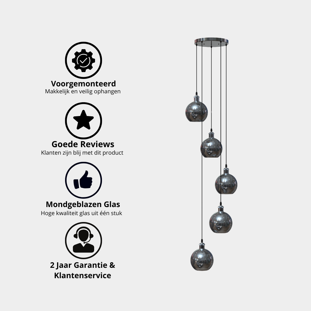 Home-Heaven® Smoke Glas Hanglampen Rond 5 Lichts | Industrieel | Woonkamer | Eetkamer | Slaapkamer | Zilver Rookglas
