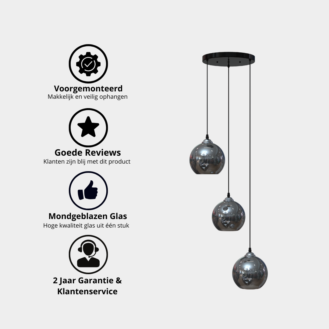 HeyHeaven® Smoke Glas Hanglampen Rond 3 Lichts | Industrieel | Woonkamer | Eetkamer | Slaapkamer | Zilver Rookglas