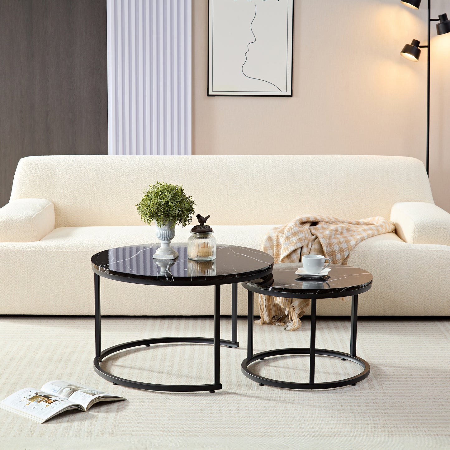 Zwart Marmerlook Salontafels - Set van 2 Ø70 & Ø50cm
