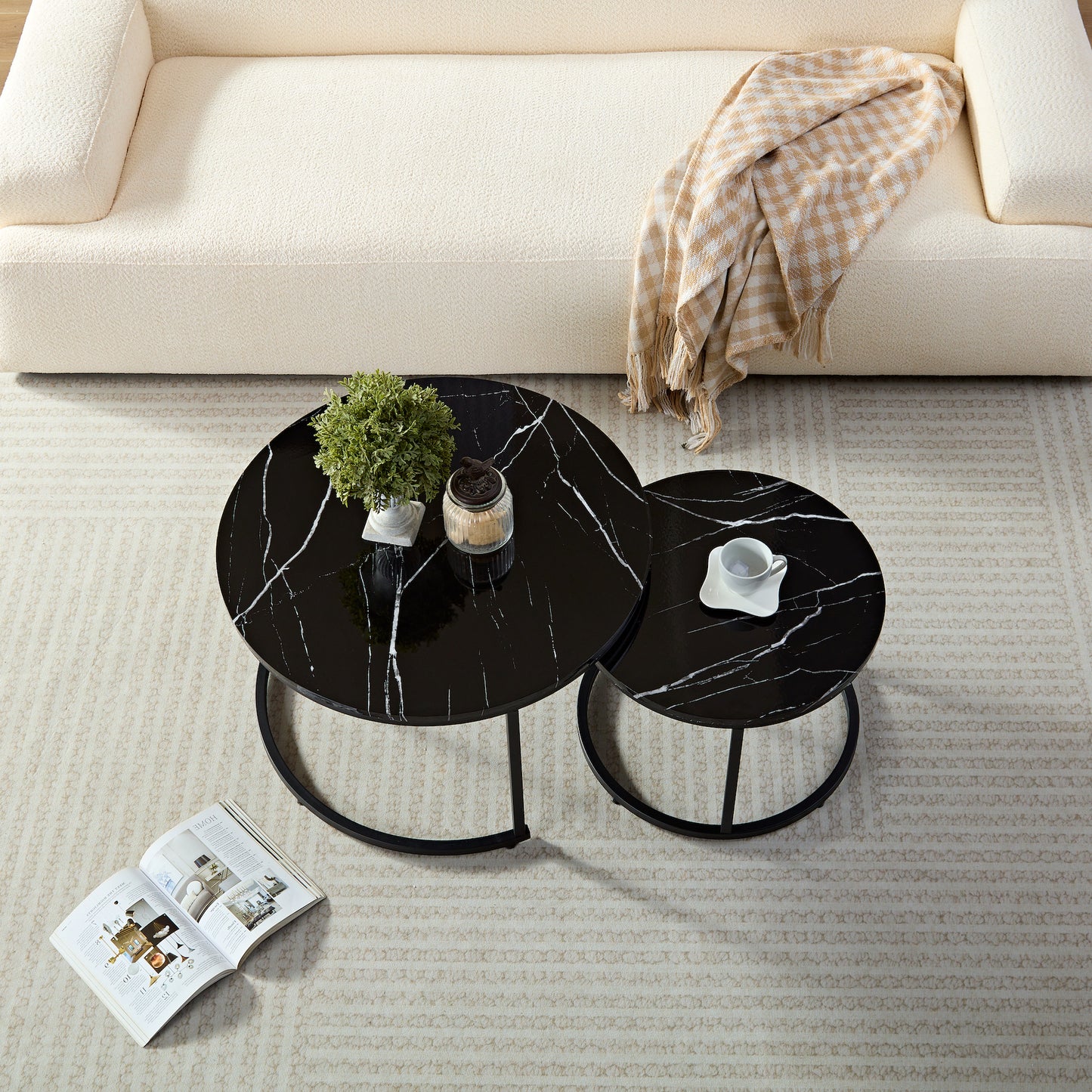 Zwart Marmerlook Salontafels - Set van 2 Ø70 & Ø50cm