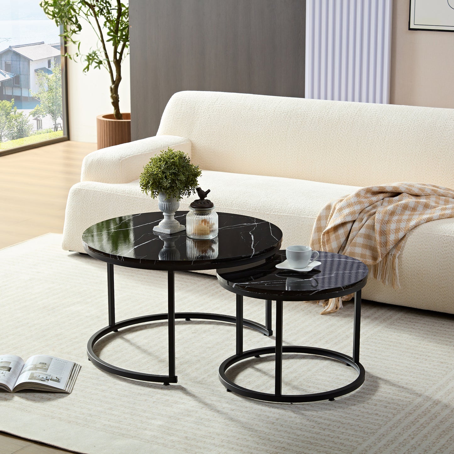 Zwart Marmerlook Salontafels - Set van 2 Ø70 & Ø50cm