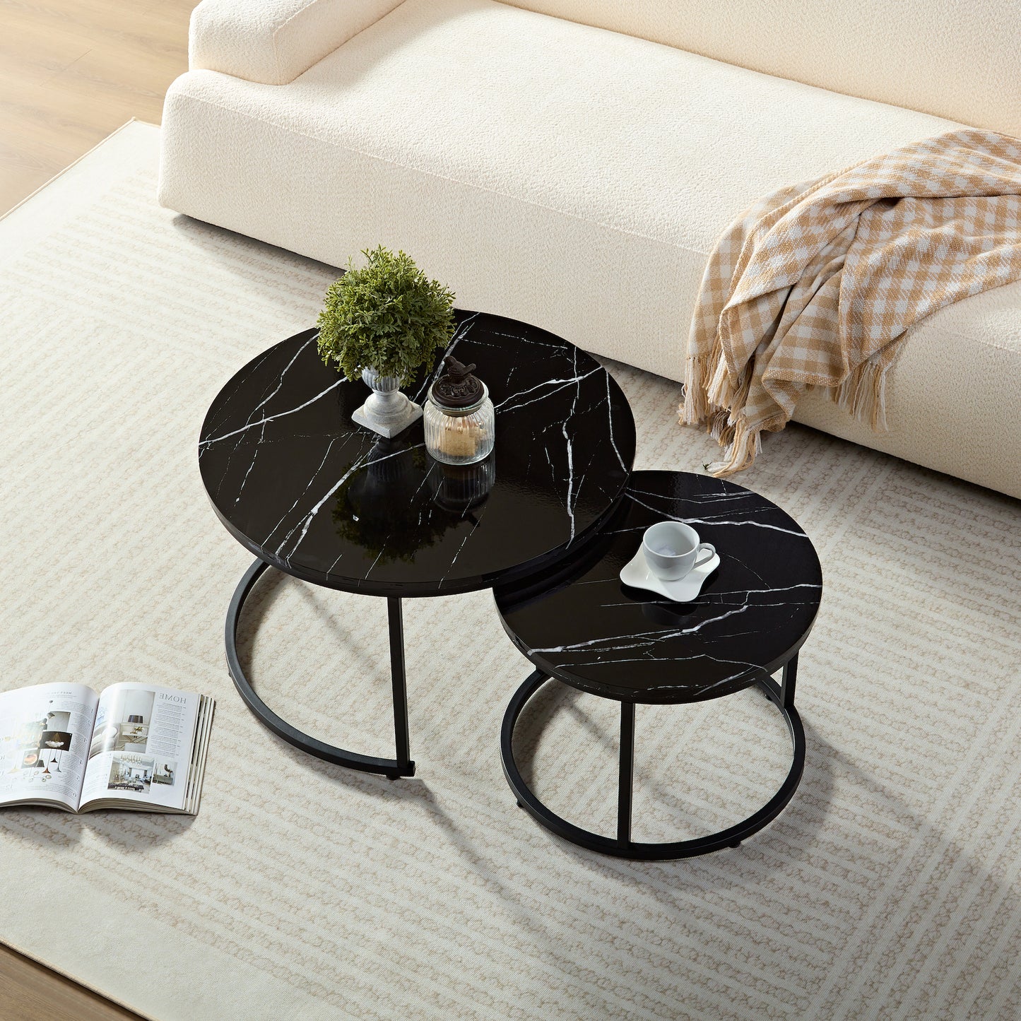 Zwart Marmerlook Salontafels - Set van 2 Ø70 & Ø50cm