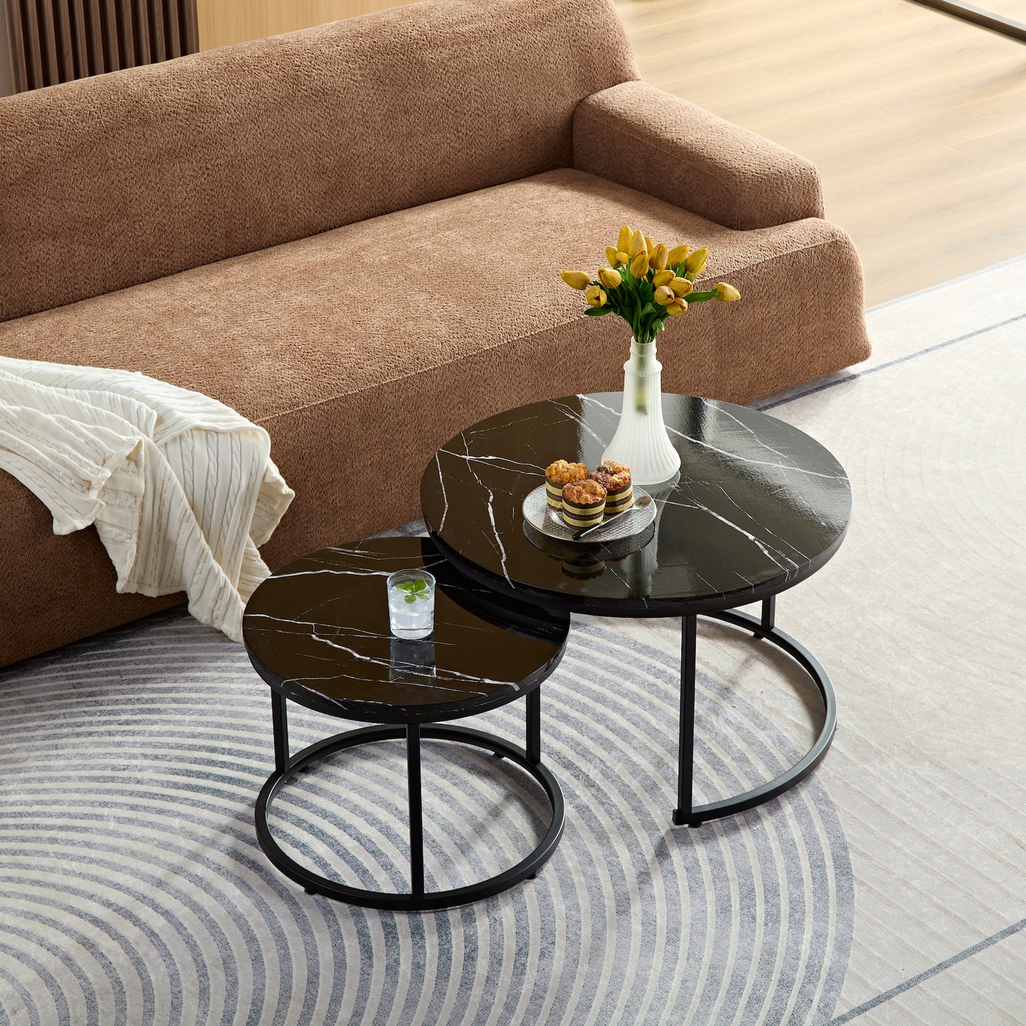 Zwart Marmerlook Salontafels - Set van 2 Ø70 & Ø50cm