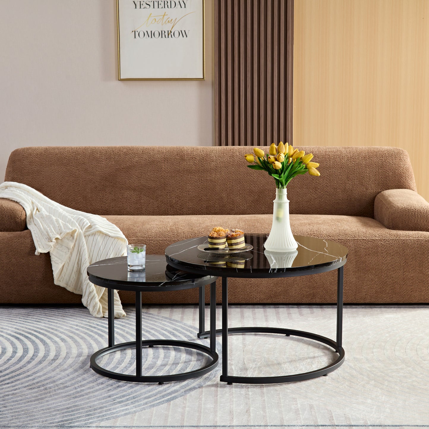 Zwart Marmerlook Salontafels - Set van 2 Ø70 & Ø50cm