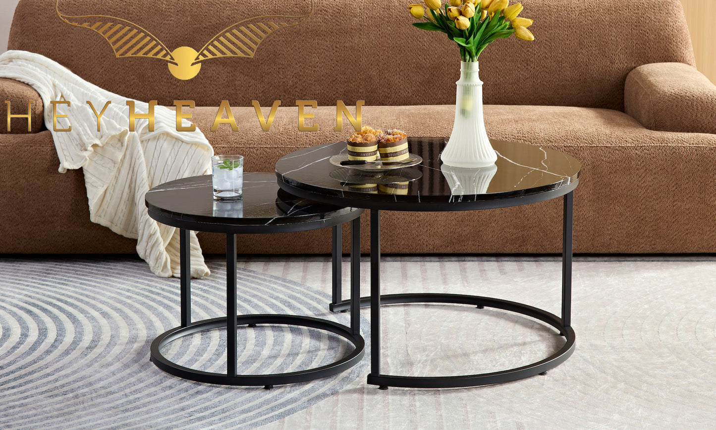 Zwart Marmerlook Salontafels - Set van 2 Ø70 & Ø50cm