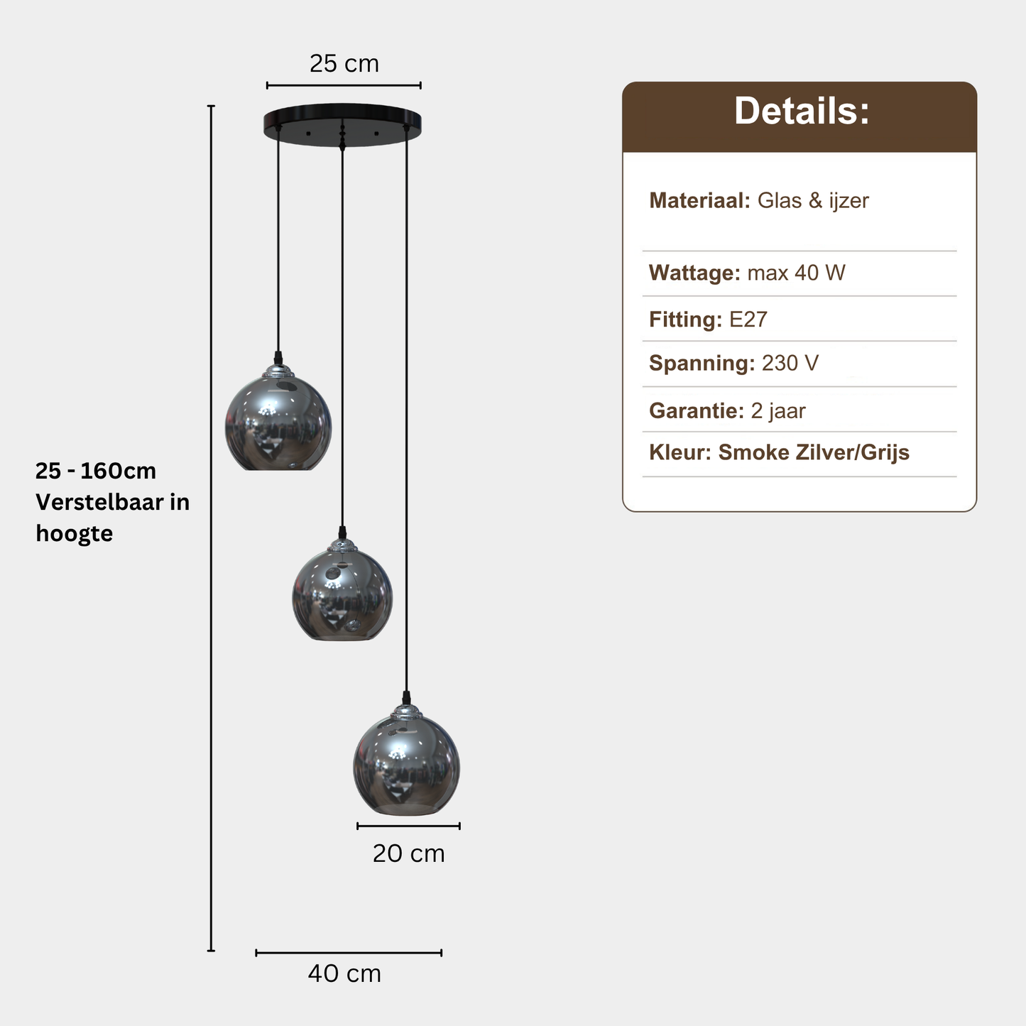 HeyHeaven® Smoke Glas Hanglampen Rond 3 Lichts | Industrieel | Woonkamer | Eetkamer | Slaapkamer | Zilver Rookglas