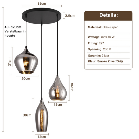 Smoke Glas Hanglamp 3 stuks - Druppel
