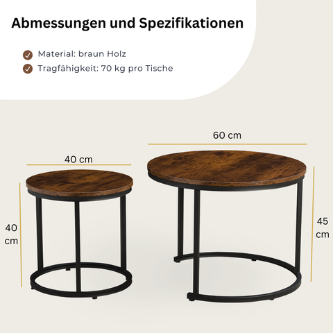 Home-Heaven® Salontafels Rond Bruin Hout Print – Bijzettafel Set Van 2 – Salon tafel Ø60cm & 40cm