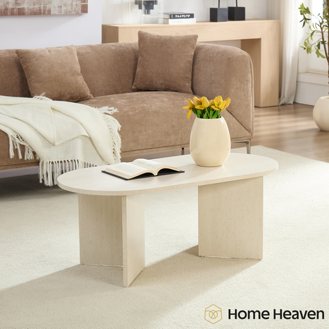 Home-Heaven® Salontafel Ovaal Rond Wit Travertine Steen Look - 100 x 50 x 40 cm (L x B x H)