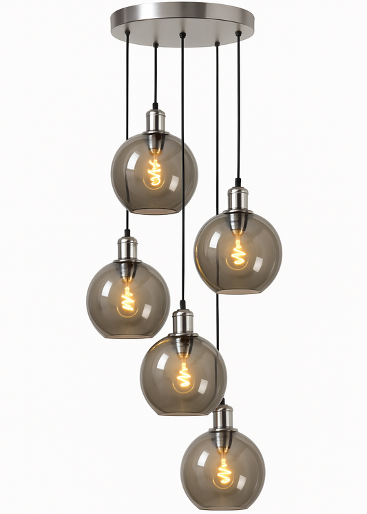 Home-Heaven® Smoke Glas Hanglampen Rond 5 Lichts | Industrieel | Woonkamer | Eetkamer | Slaapkamer | Zilver Rookglas