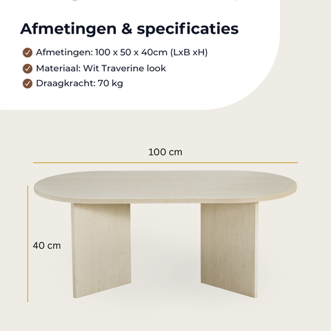 Home-Heaven® Salontafel Ovaal Rond Wit Travertine Steen Look - 100 x 50 x 40 cm (L x B x H)