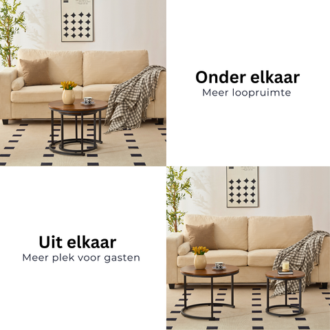 Home-Heaven® Salontafels Rond Bruin Hout Print – Bijzettafel Set Van 2 – Salon tafel Ø60cm & 40cm