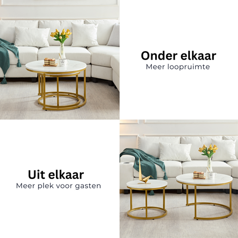 Salontafel Rond Goud met Wit Marmerlook