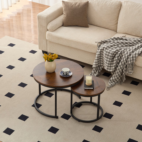 Home-Heaven® Salontafels Rond Bruin Hout Print – Bijzettafel Set Van 2 – Salon tafel Ø60cm & 40cm