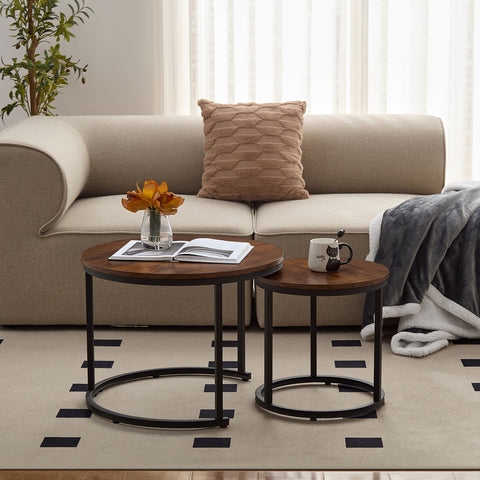 Home-Heaven® Salontafels Rond Bruin Hout Print – Bijzettafel Set Van 2 – Salon tafel Ø60cm & 40cm