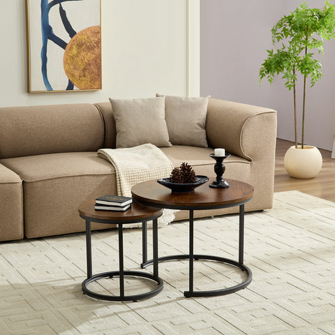 Home-Heaven® Salontafels Rond Bruin Hout Print – Bijzettafel Set Van 2 – Salon tafel Ø60cm & 40cm